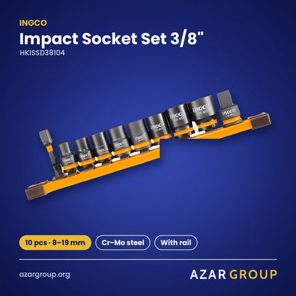 INGCO HKISSD38104 Impact Socket Set 3/8″ – 10 pcs · 8–19 mm, Cr-Mo steel, With rail