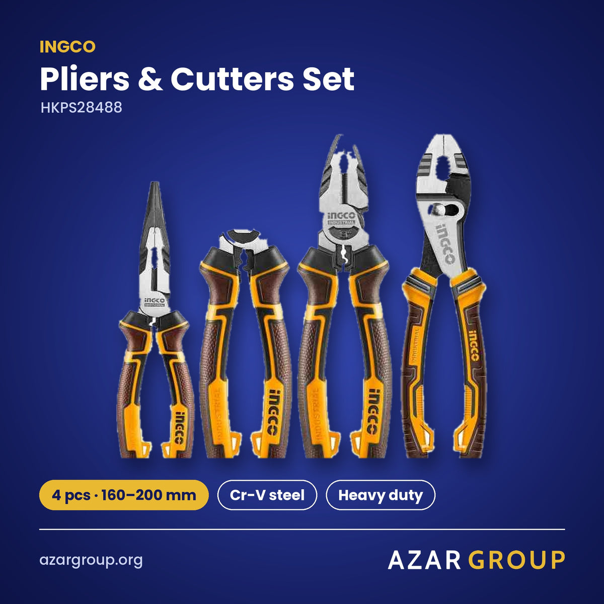 INGCO HKPS28488 Pliers & Cutters Set – 4 pcs · 160–200 mm, Cr-V steel, Heavy duty
