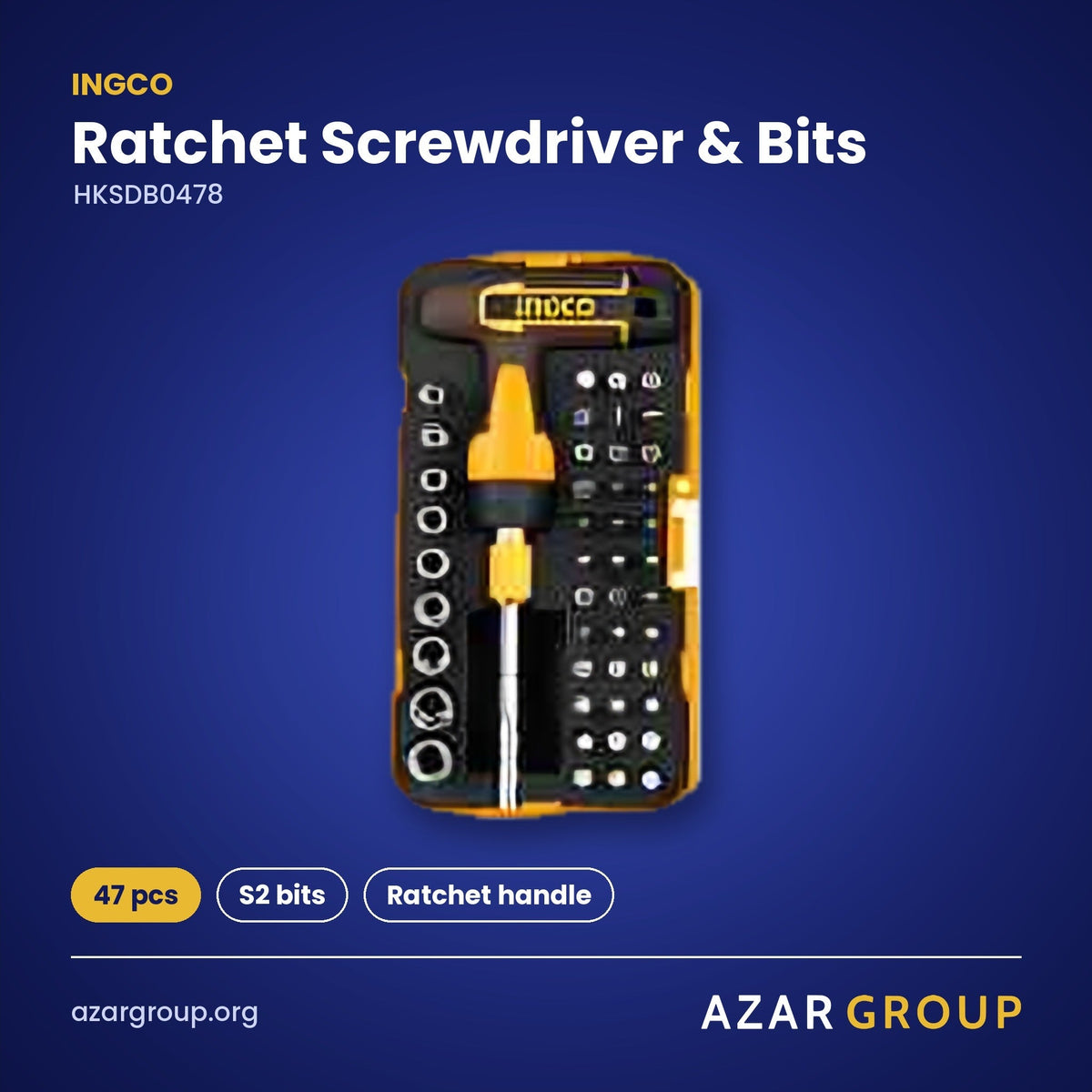 INGCO HKSDB0478 Ratchet Screwdriver & Bits – 47 pcs, S2 bits, Ratchet handle