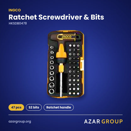 INGCO HKSDB0478 Ratchet Screwdriver & Bits – 47 pcs, S2 bits, Ratchet handle