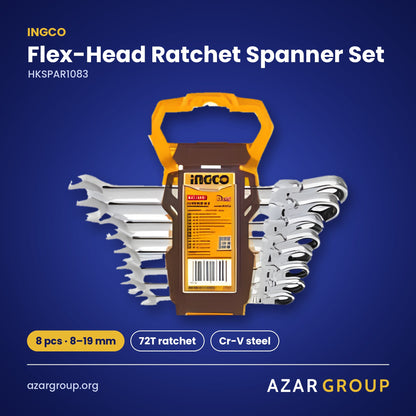 INGCO HKSPAR1083 Flex-Head Ratchet Spanner Set – 8 pcs · 8–19 mm, 72T ratchet, Cr-V steel