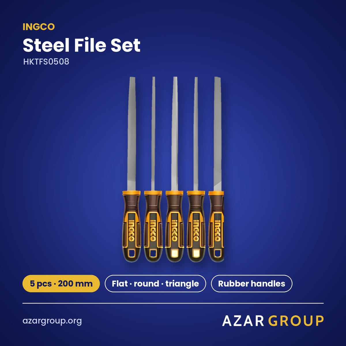 INGCO HKTFS0508 Steel File Set – 5 pcs · 200 mm, Flat · round · triangle, Rubber handles