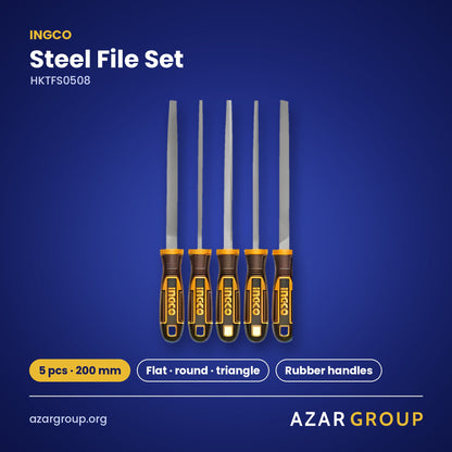 INGCO HKTFS0508 Steel File Set – 5 pcs · 200 mm, Flat · round · triangle, Rubber handles