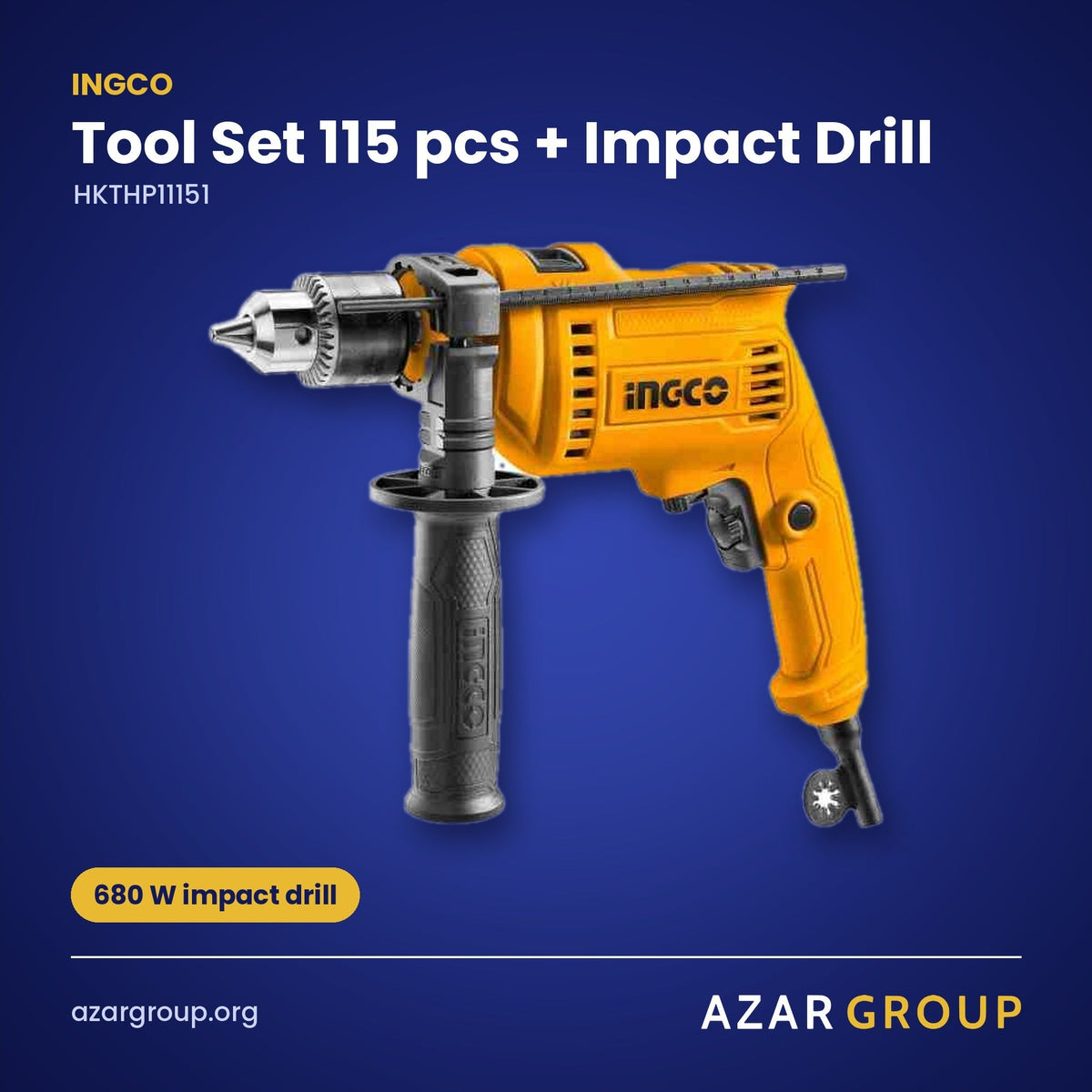 INGCO HKTHP11151 Tool Set 115 pcs + Impact Drill – 680 W impact drill