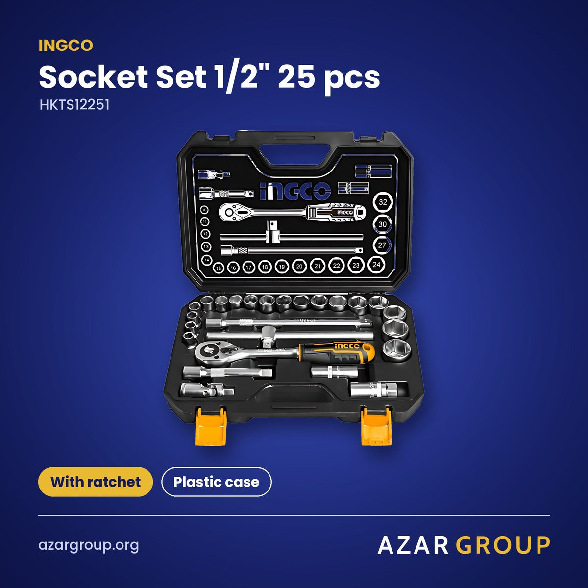 INGCO HKTS12251 Socket Set 1/2" 25 pcs – With ratchet, Plastic case