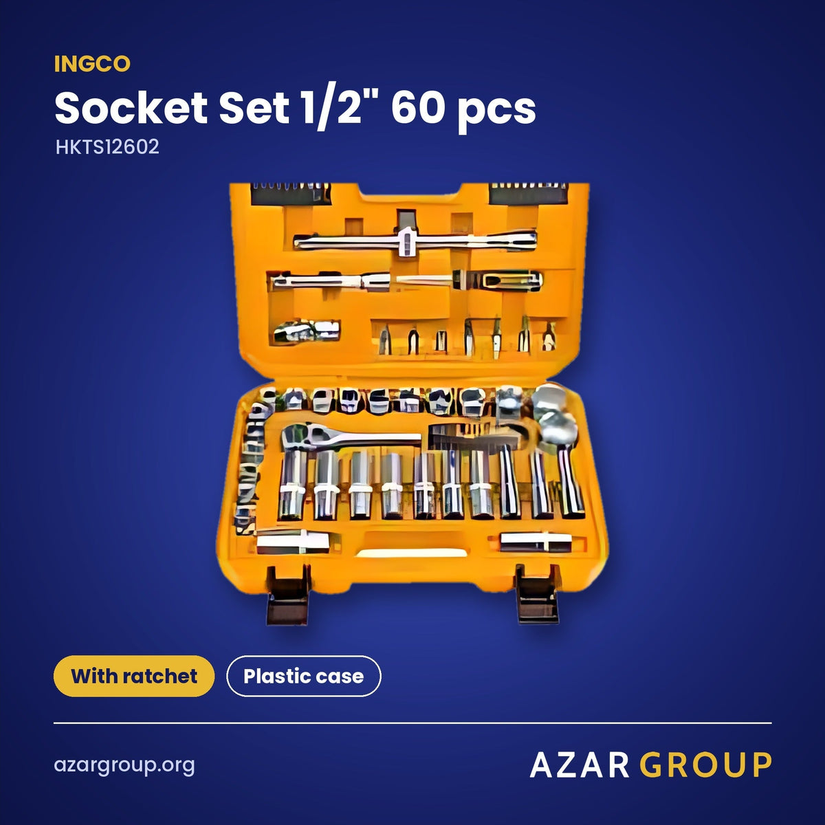 INGCO HKTS12602 Socket Set 1/2" 60 pcs – With ratchet, Plastic case
