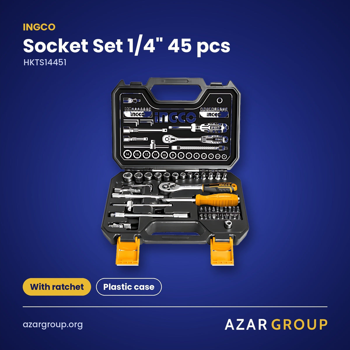 INGCO HKTS14451 Socket Set 1/4" 45 pcs – With ratchet, Plastic case