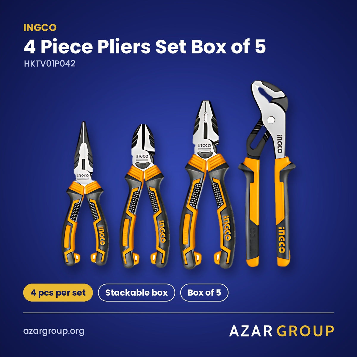 INGCO HKTV01P042 4 Piece Pliers Set Box of 5 – 4 pcs per set, Stackable box, Box of 5
