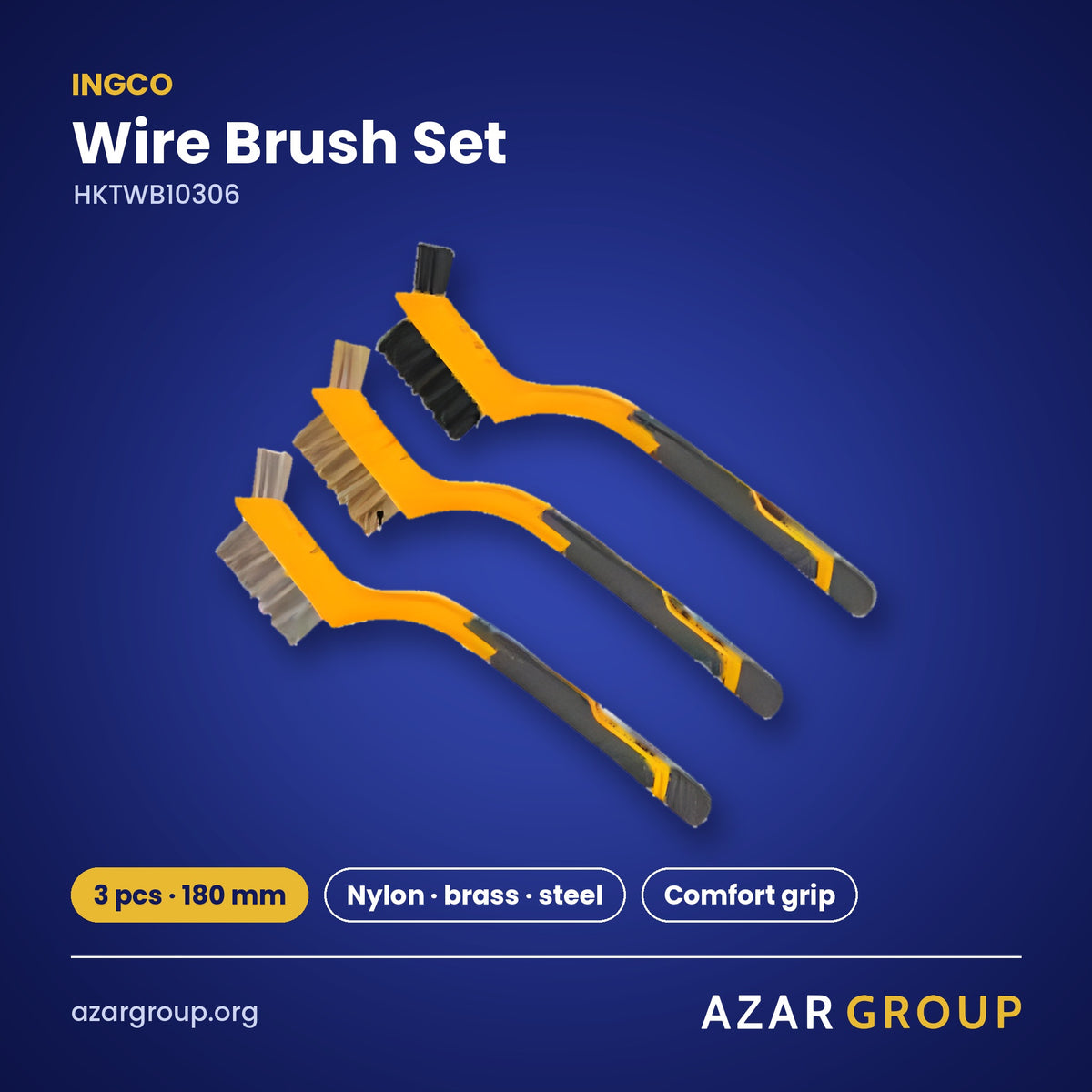 INGCO HKTWB10306 Wire Brush Set – 3 pcs · 180 mm, Nylon · brass · steel, Comfort grip