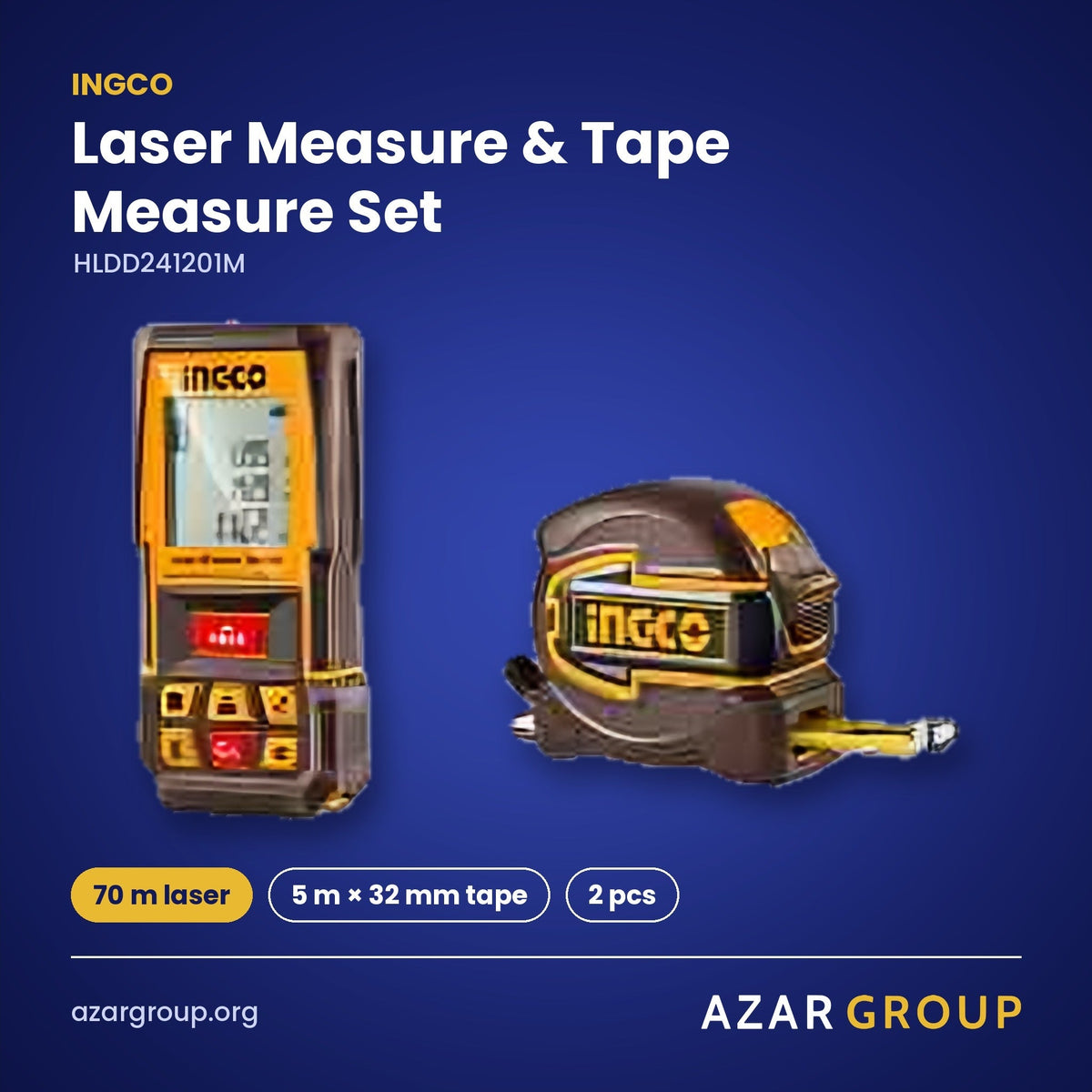 INGCO HLDD241201M Laser Measure & Tape Measure Set – 70 m laser, 5 m × 32 mm tape, 2 pcs
