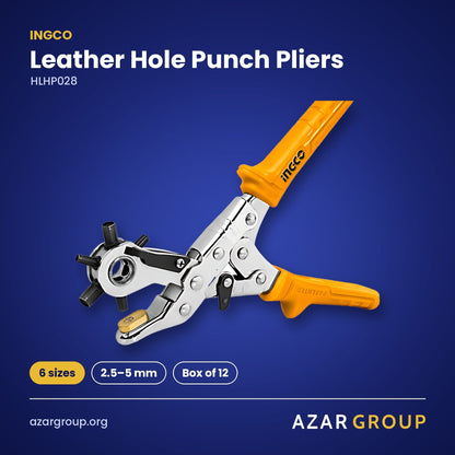 INGCO HLHP028 Leather Hole Punch Pliers – 6 sizes, 2.5–5 mm, Box of 12