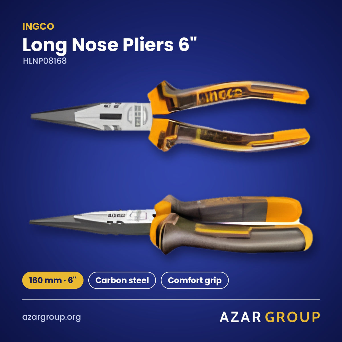 INGCO HLNP08168 Long Nose Pliers 6″ – 160 mm · 6″, Carbon steel, Comfort grip