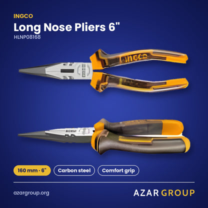 INGCO HLNP08168 Long Nose Pliers 6″ – 160 mm · 6″, Carbon steel, Comfort grip