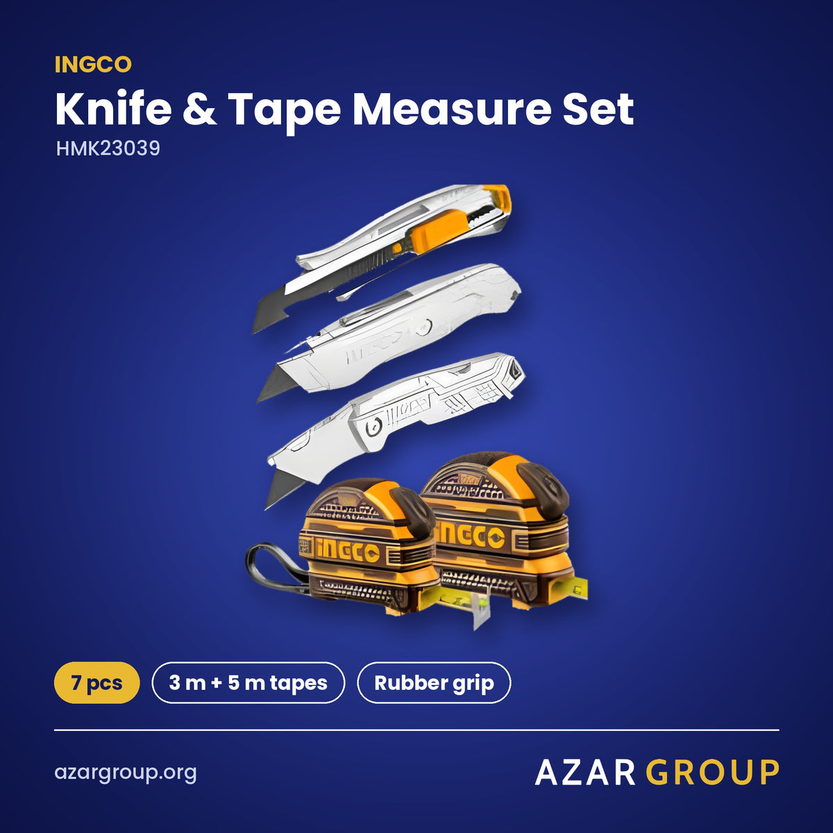 INGCO HMK23039 Knife & Tape Measure Set – 7 pcs, 3 m + 5 m tapes, Rubber grip