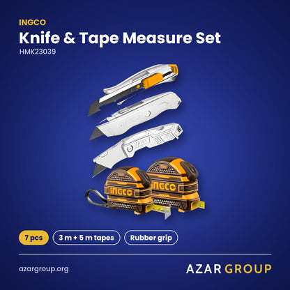INGCO HMK23039 Knife & Tape Measure Set – 7 pcs, 3 m + 5 m tapes, Rubber grip