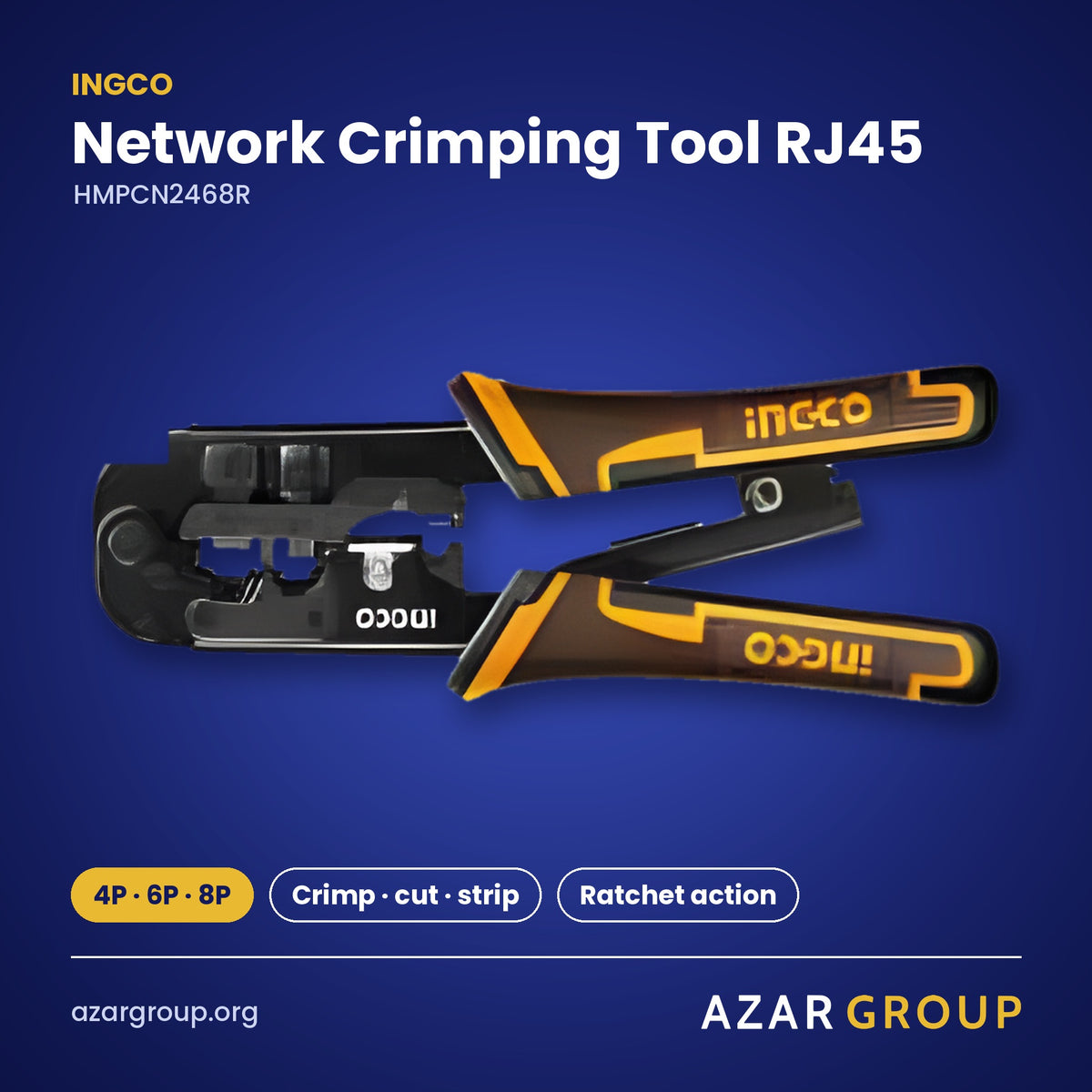 INGCO HMPCN2468R Network Crimping Tool RJ45 – 4P · 6P · 8P, Crimp · cut · strip, Ratchet action