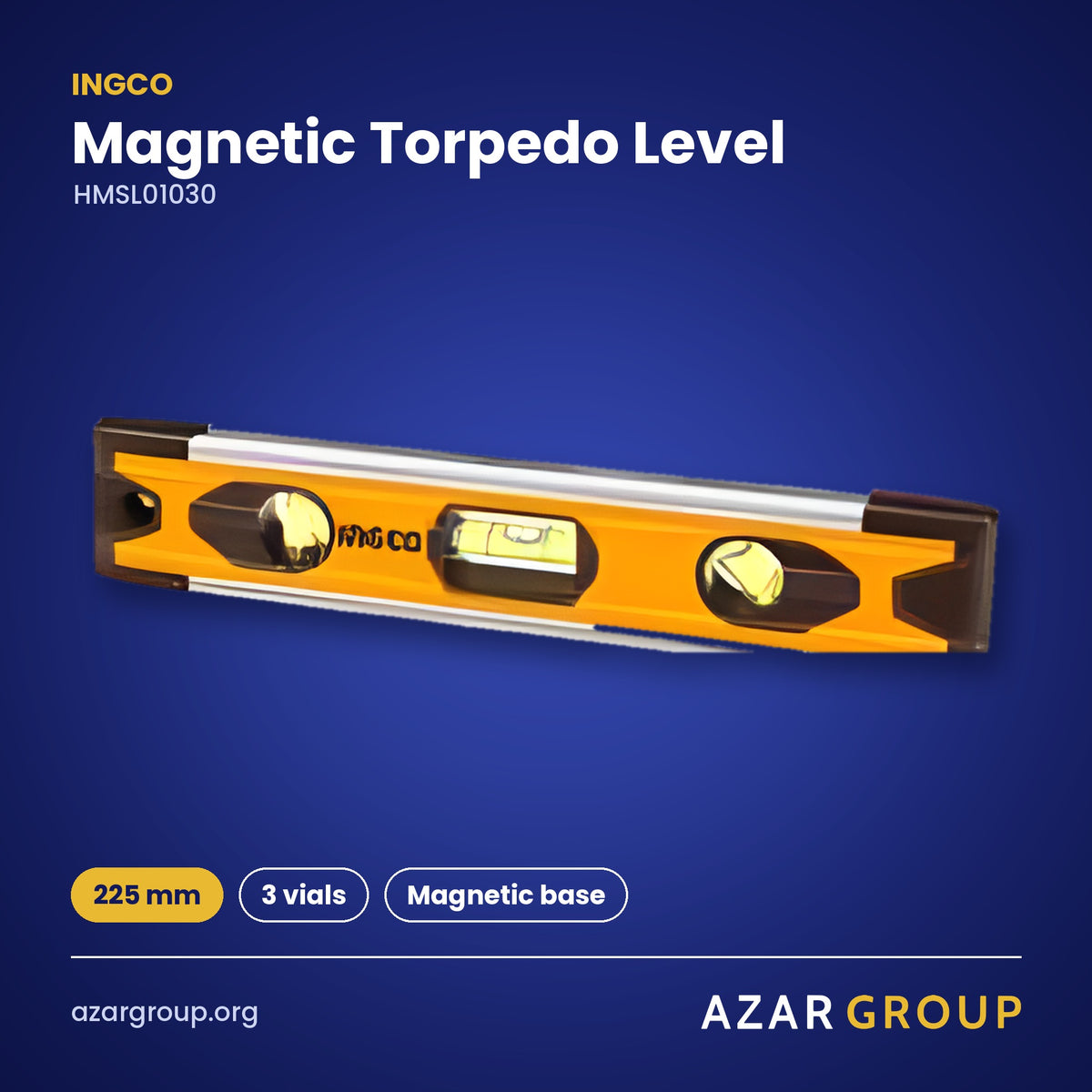 INGCO HMSL01030 Magnetic Torpedo Level – 225 mm, 3 vials, Magnetic base