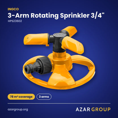INGCO HPS23602 3-Arm Rotating Sprinkler 3/4" – 78 m² coverage, 3 arms