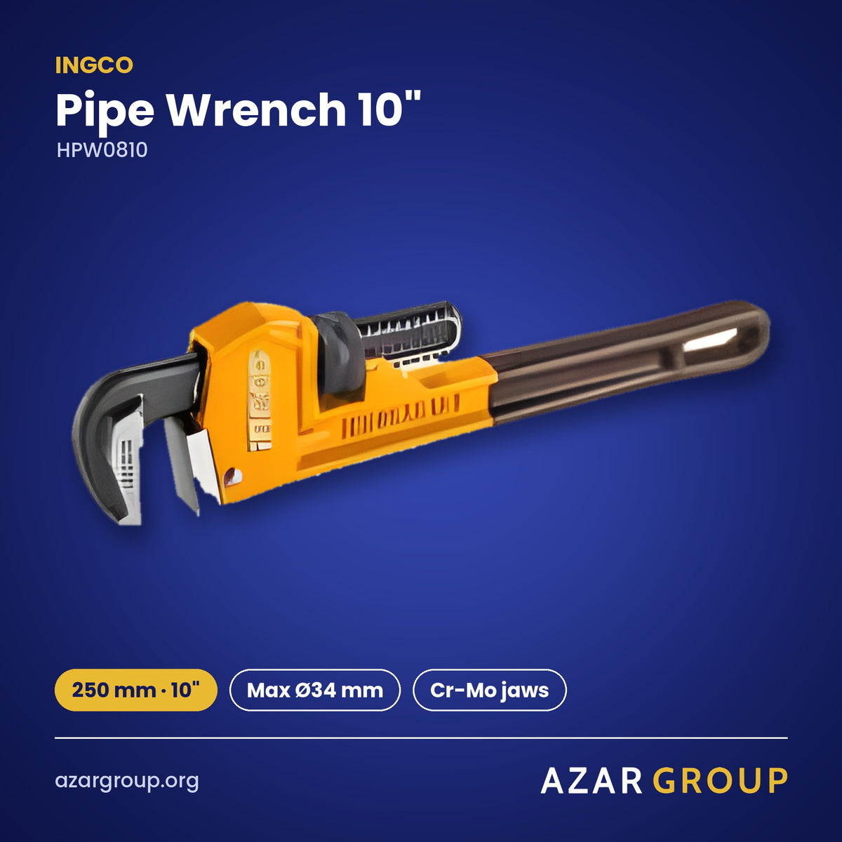 INGCO HPW0810 Pipe Wrench 10″ – 250 mm · 10″, Max Ø34 mm, Cr-Mo jaws