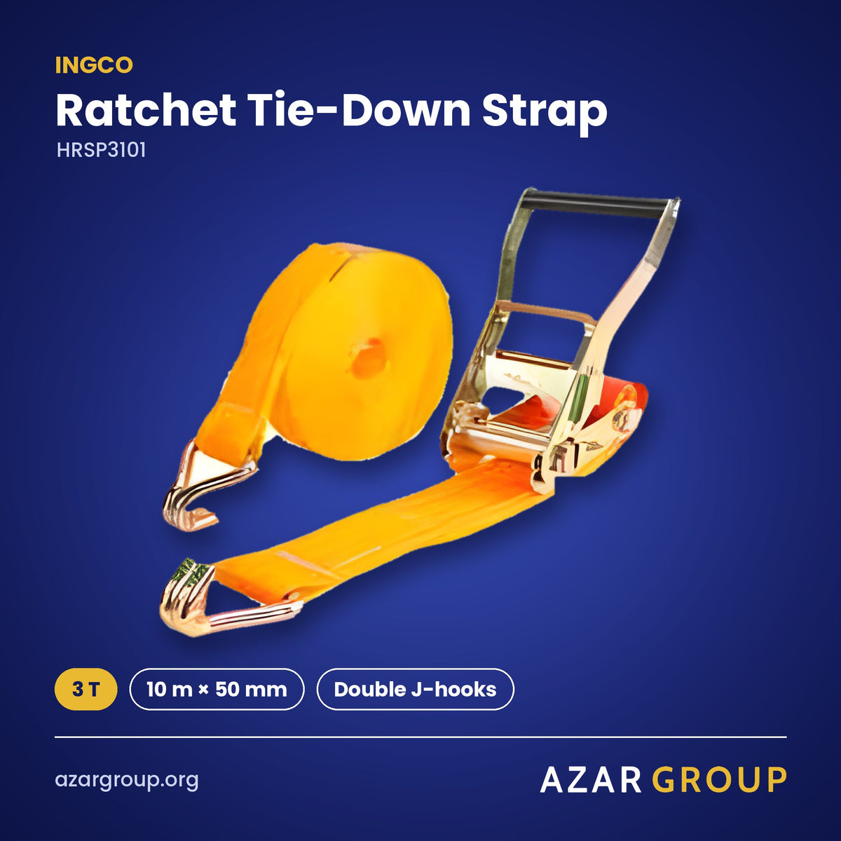 INGCO HRSP3101 Ratchet Tie-Down Strap – 3 T, 10 m × 50 mm, Double J-hooks