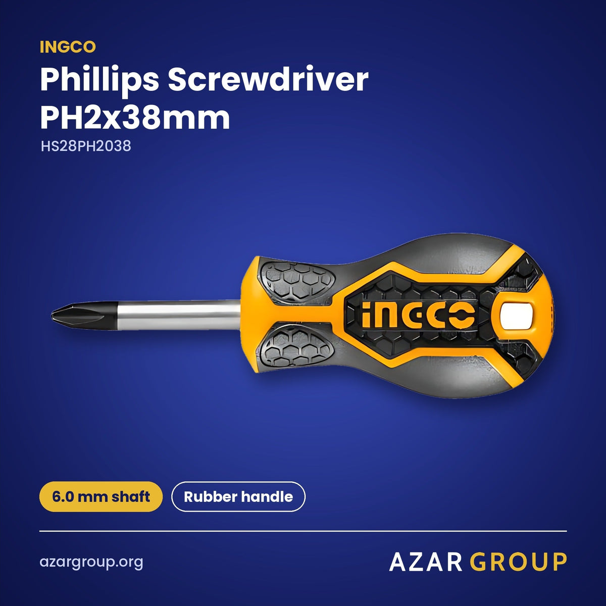 INGCO HS28PH2038 Phillips Screwdriver PH2x38mm – 6.0 mm shaft, Rubber handle