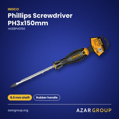 INGCO HS28PH3150 Phillips Screwdriver PH3x150mm – 8.0 mm shaft, Rubber handle