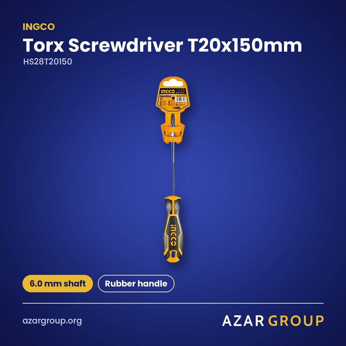 INGCO HS28T20150 Torx Screwdriver T20x150mm – 6.0 mm shaft, Rubber handle