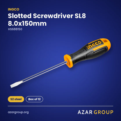 INGCO HS688150 Slotted Screwdriver SL8 8.0x150mm – S2 steel, Box of 12