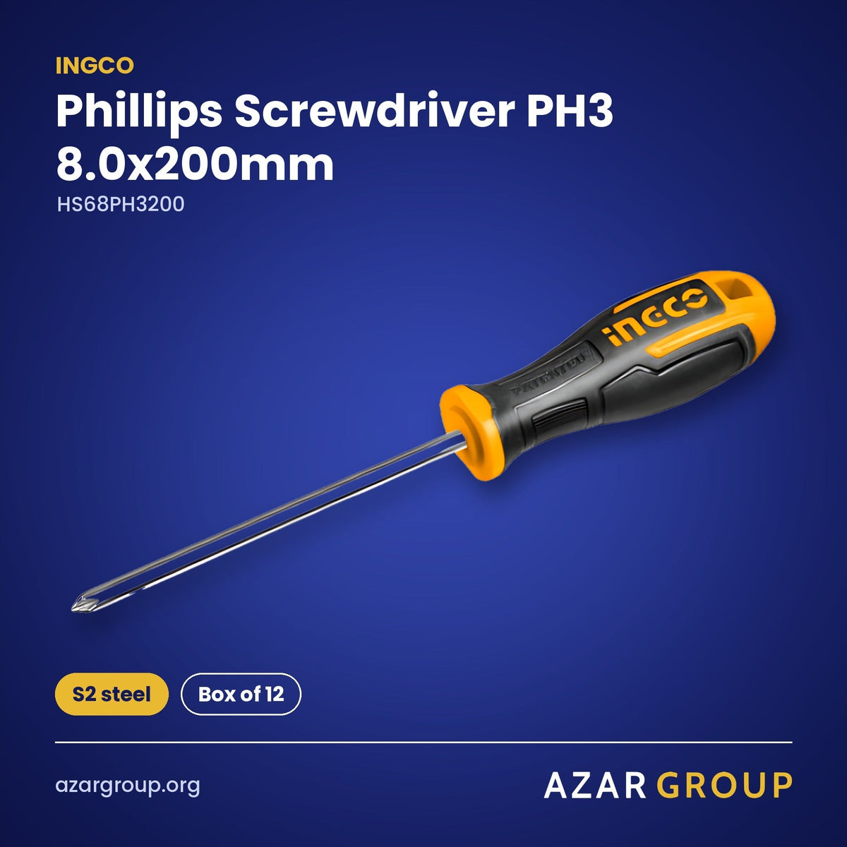 INGCO HS68PH3200 Phillips Screwdriver PH3 8.0x200mm – S2 steel, Box of 12