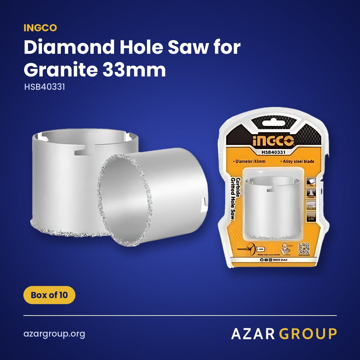 INGCO HSB40331 Diamond Hole Saw for Granite 33mm – Box of 10