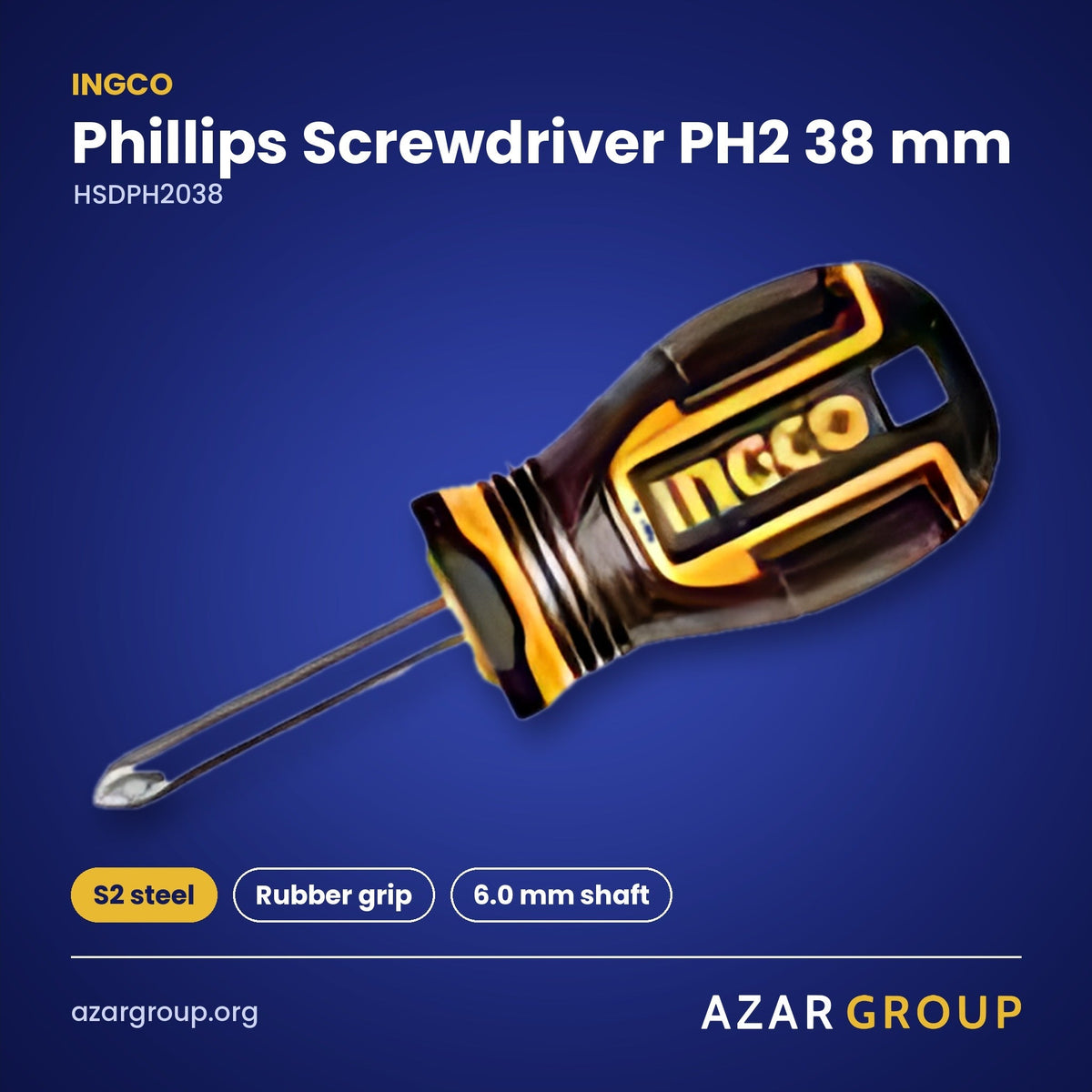 INGCO HSDPH2038 Phillips Screwdriver PH2 38 mm – S2 steel, Rubber grip, 6.0 mm shaft