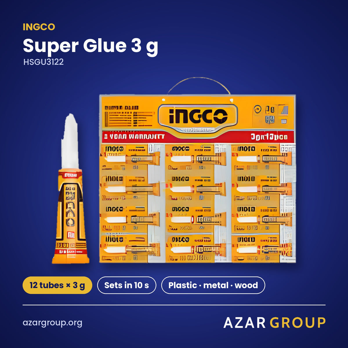 INGCO HSGU3122 Super Glue 3 g – 12 tubes × 3 g, Sets in 10 s, Plastic · metal · wood
