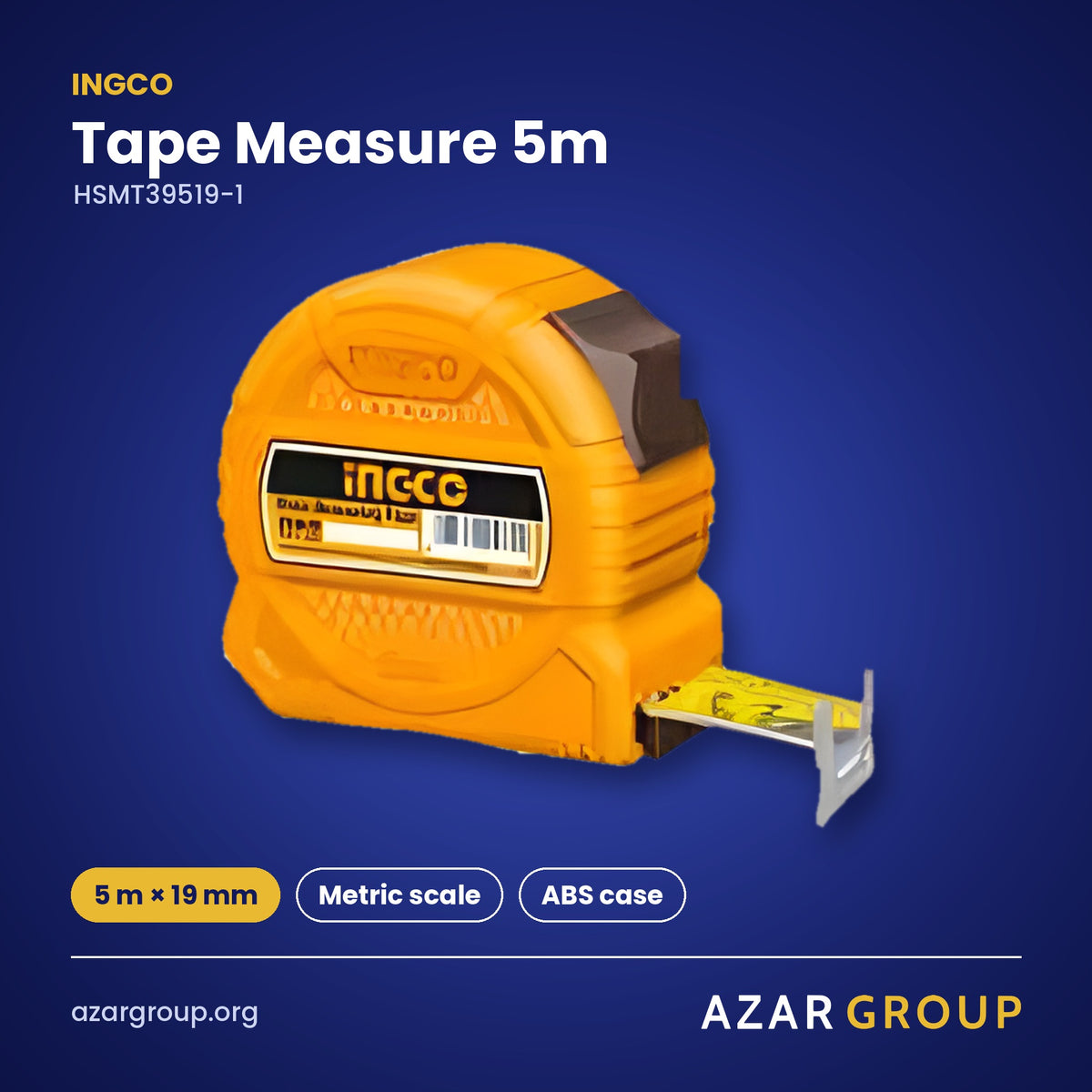 INGCO HSMT39519-1 Tape Measure 5m – 5 m × 19 mm, Metric scale, ABS case