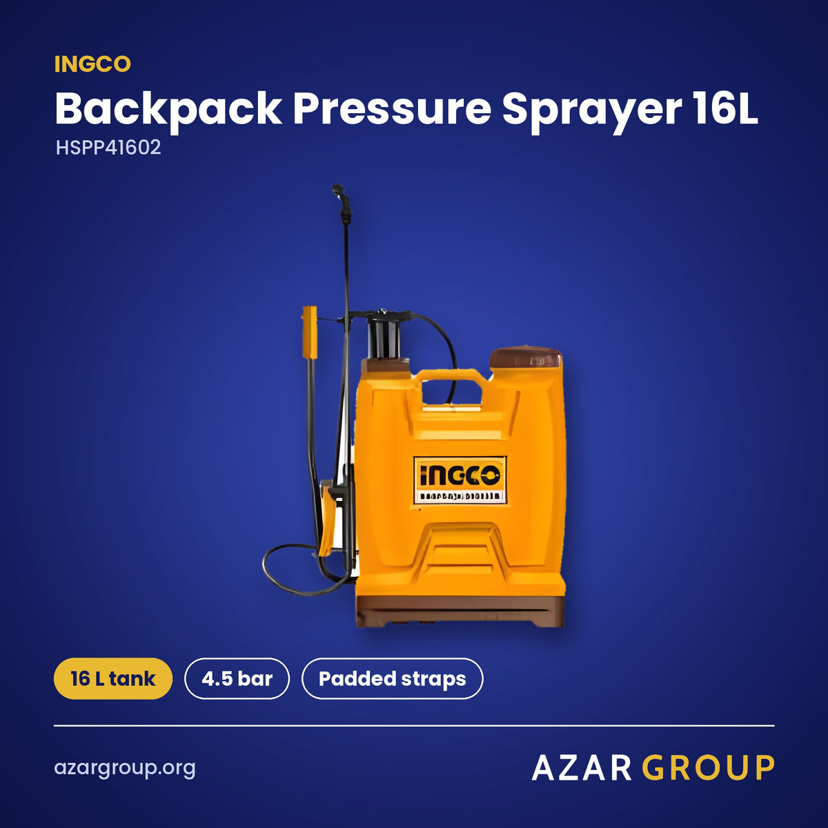 INGCO HSPP41602 Backpack Pressure Sprayer 16L – 16 L tank, 4.5 bar, Padded straps