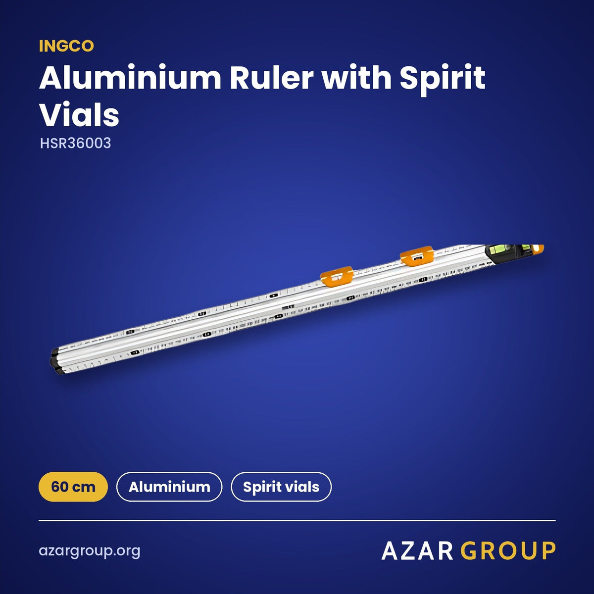 INGCO HSR36003 Aluminium Ruler with Spirit Vials – 60 cm, Aluminium, Spirit vials