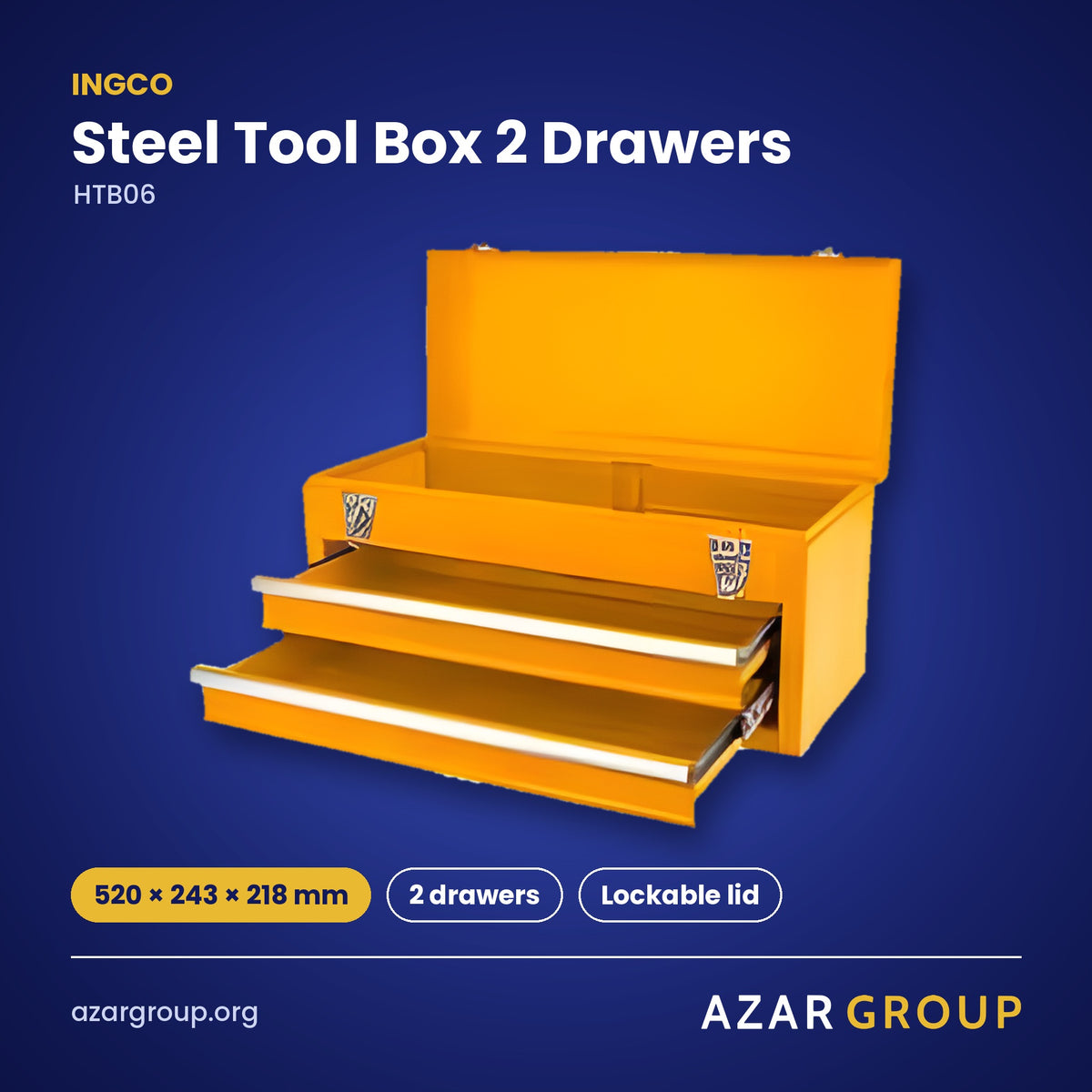 INGCO HTB06 Steel Tool Box 2 Drawers – 520 × 243 × 218 mm, 2 drawers, Lockable lid