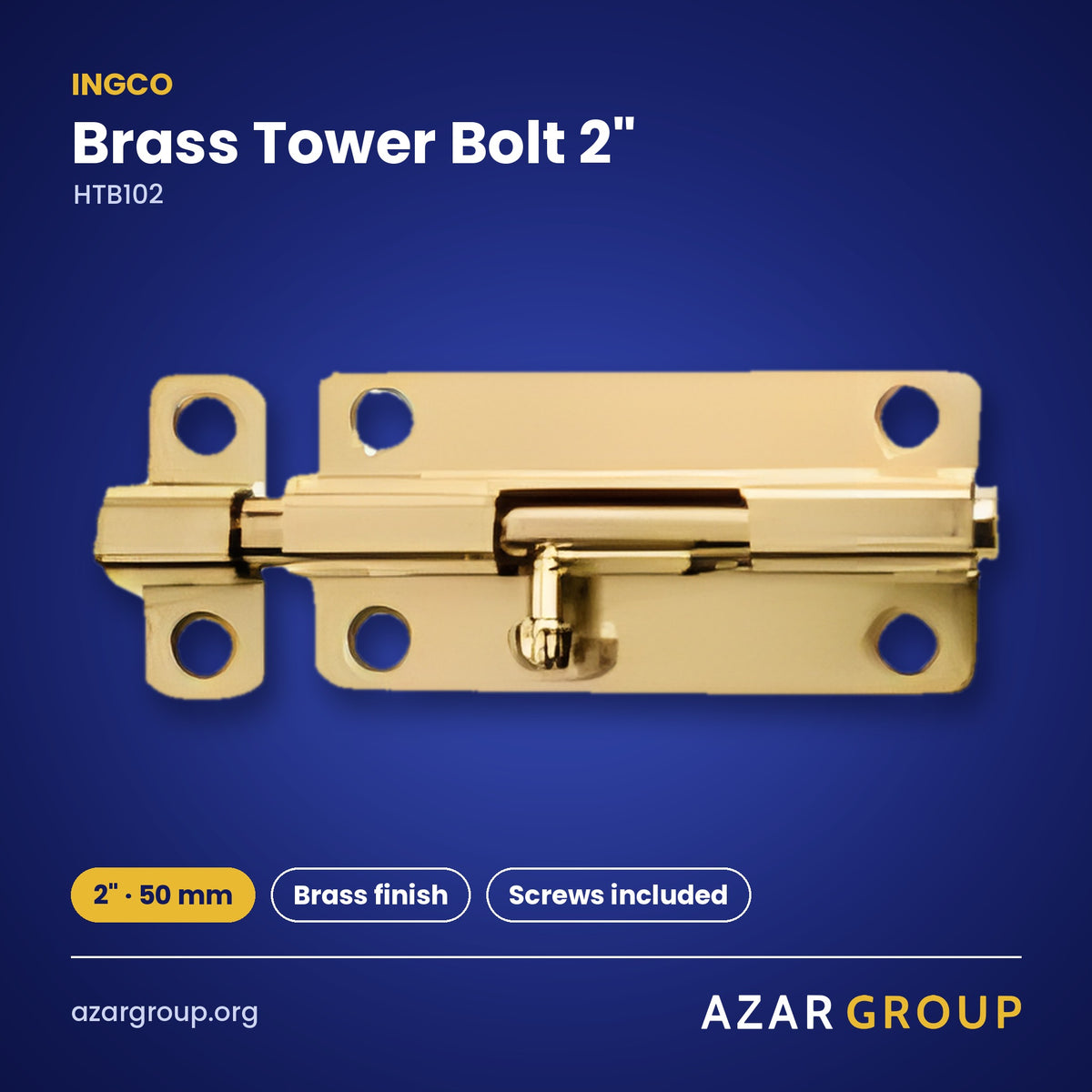 INGCO HTB102 Brass Tower Bolt 2″ – 2″ · 50 mm, Brass finish, Screws included