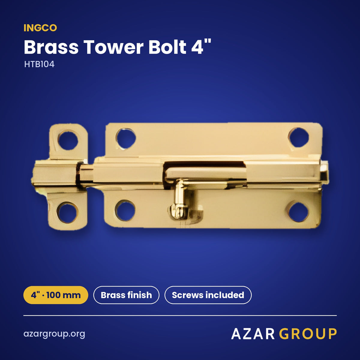 INGCO HTB104 Brass Tower Bolt 4″ – 4″ · 100 mm, Brass finish, Screws included