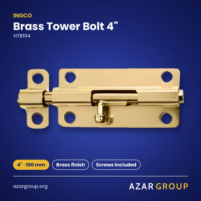 INGCO HTB104 Brass Tower Bolt 4″ – 4″ · 100 mm, Brass finish, Screws included