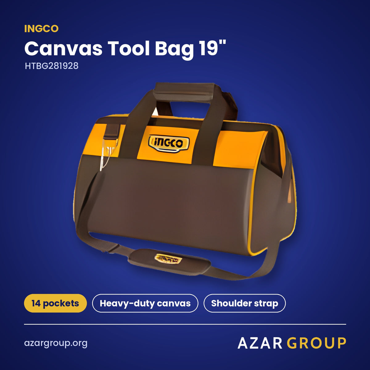 INGCO HTBG281928 Canvas Tool Bag 19″ – 14 pockets, Heavy-duty canvas, Shoulder strap