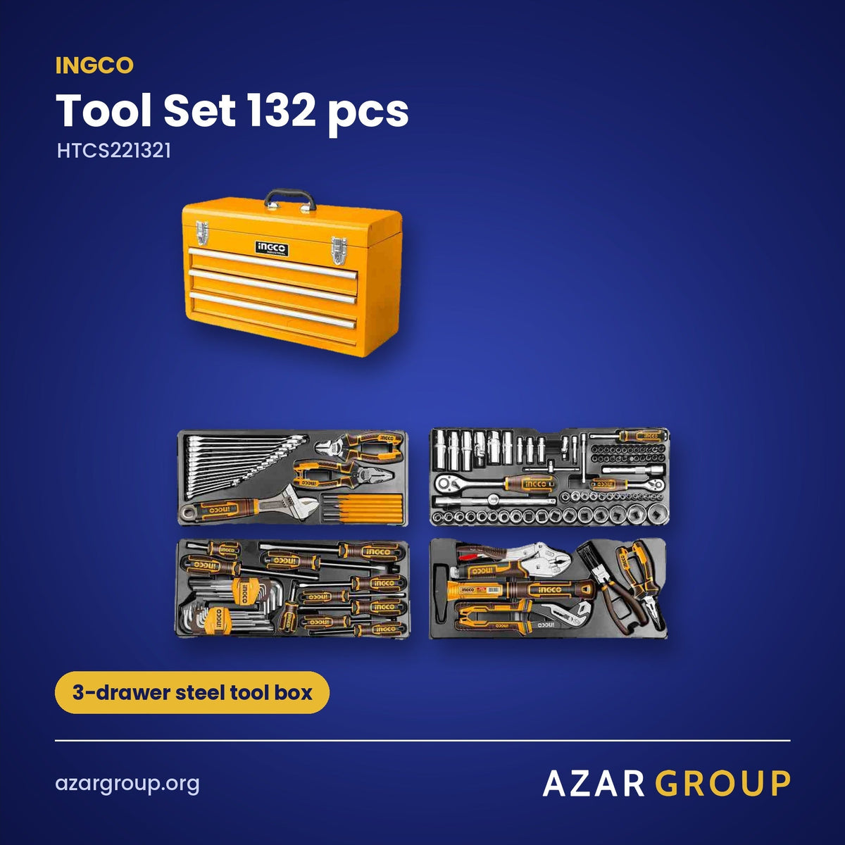 INGCO HTCS221321 Tool Set 132 pcs – 3-drawer steel tool box