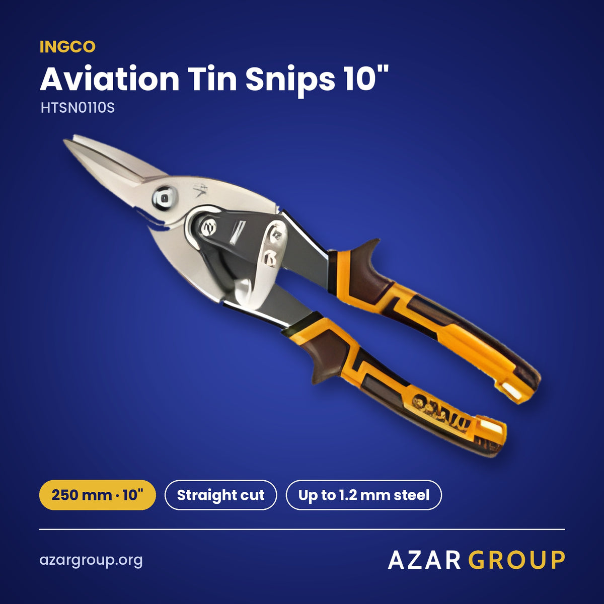 INGCO HTSN0110S Aviation Tin Snips 10″ – 250 mm · 10″, Straight cut, Up to 1.2 mm steel