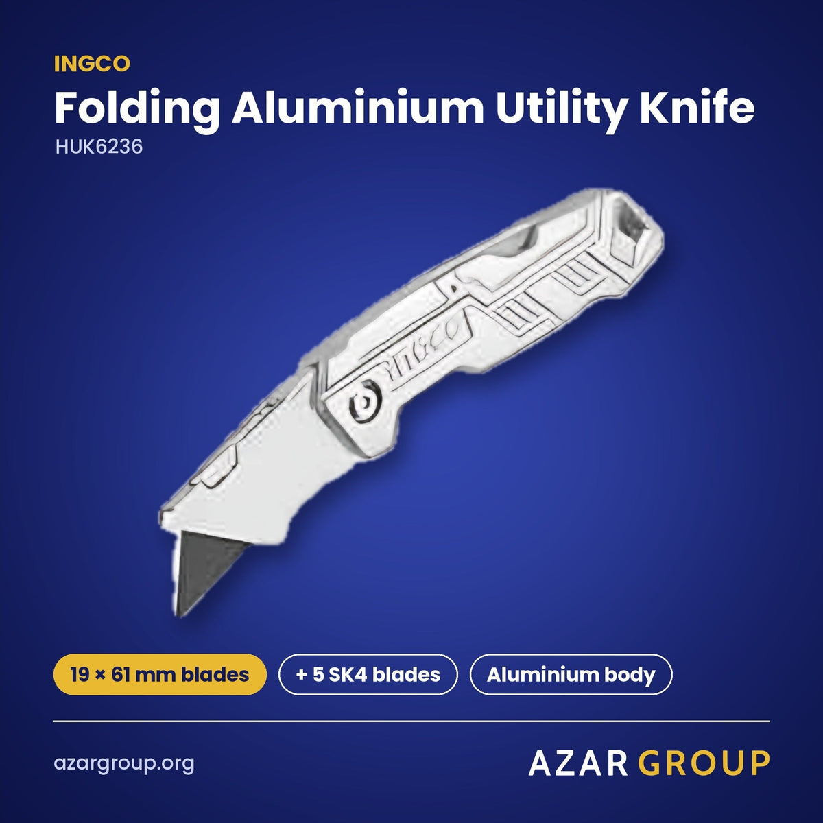 INGCO HUK6236 Folding Aluminium Utility Knife – 19 × 61 mm blades, + 5 SK4 blades, Aluminium body