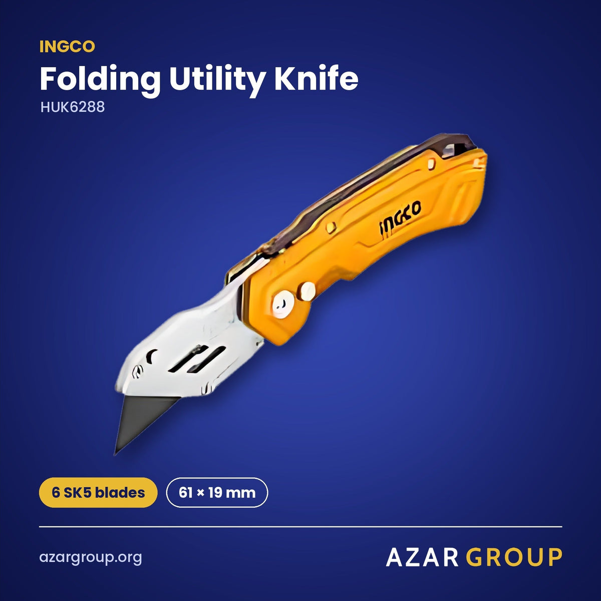 INGCO HUK6288 Folding Utility Knife – 6 SK5 blades, 61 × 19 mm
