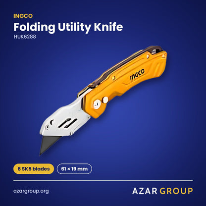 INGCO HUK6288 Folding Utility Knife – 6 SK5 blades, 61 × 19 mm