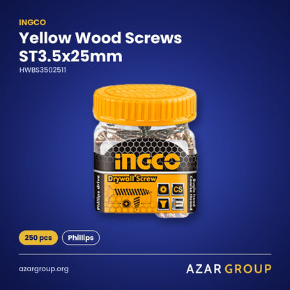 INGCO HWBS3502511 Yellow Wood Screws ST3.5x25mm – 250 pcs, Phillips