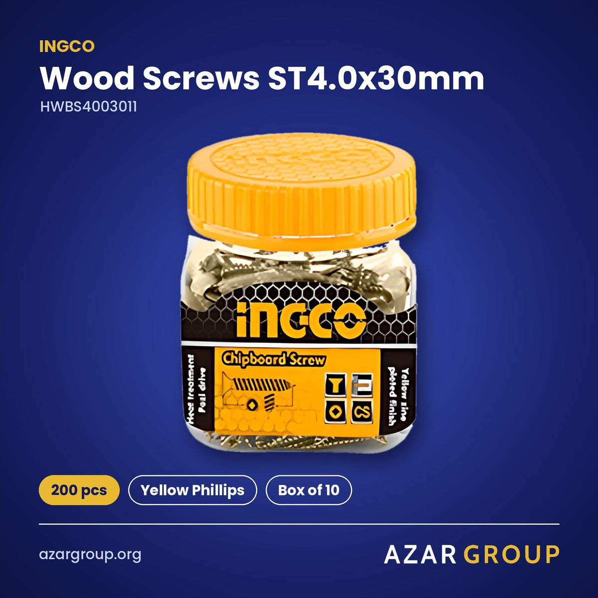 INGCO HWBS4003011 Wood Screws ST4.0x30mm – 200 pcs, Yellow Phillips, Box of 10
