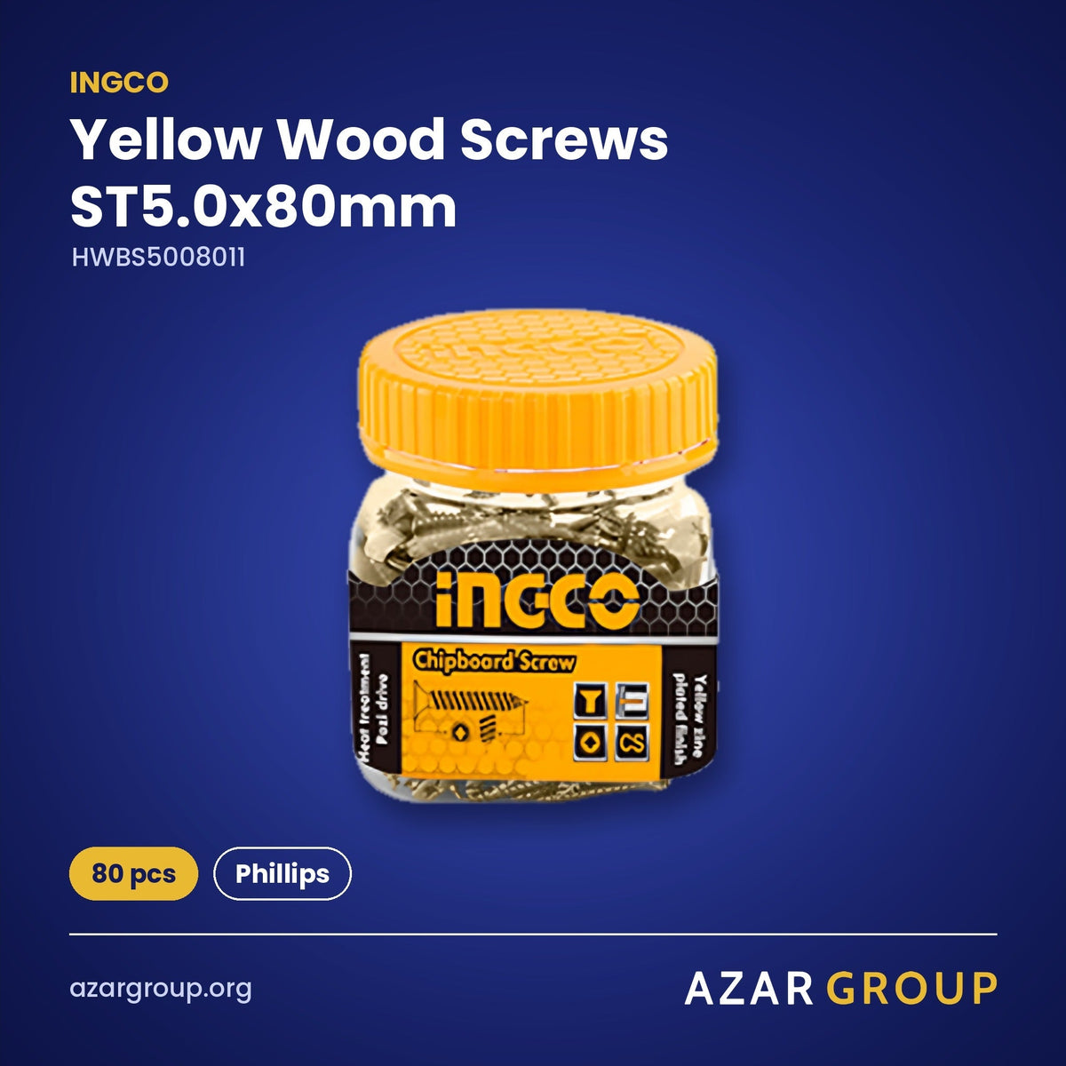 INGCO HWBS5008011 Yellow Wood Screws ST5.0x80mm – 80 pcs, Phillips