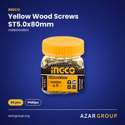 INGCO HWBS5008011 Yellow Wood Screws ST5.0x80mm – 80 pcs, Phillips