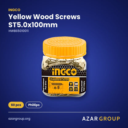 INGCO HWBS5010011 Yellow Wood Screws ST5.0x100mm – 60 pcs, Phillips